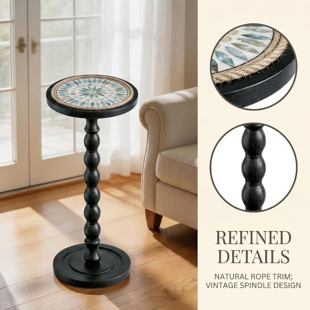 Round Side Table, Small Drink Table for Small Spaces, Rustic Accent Nightstand with Solid Wood Leg for Living Room, Bedroom, Corners, and Office, Handcrafted Finish (Black)