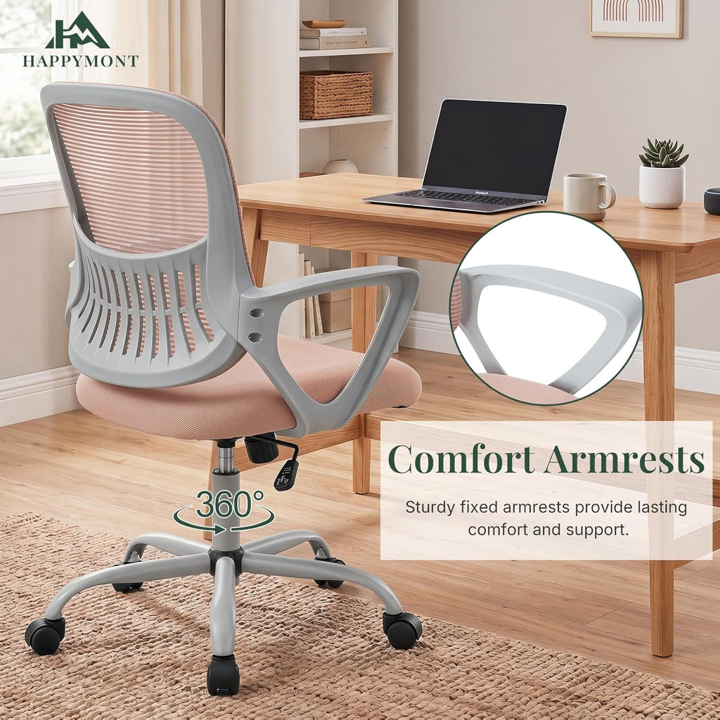 Home Office Desk Chair, Ergonomic Mid-Back Mesh Computer Chair with Comfortable Lumbar Support, Height Adjustable Swivel Task Chair with Fixed Armrest for Adults, Student, Pink