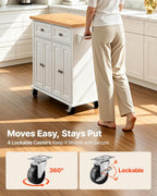 VEVOR Kitchen Island Cart with Storage, 43.7 in Wide Mobile Rolling Storage Island on Swivel Wheels, with 2 Drawers, Storage Cabinet, Spice/Towel Rack, Hooks, Table for Home Dining Room, White