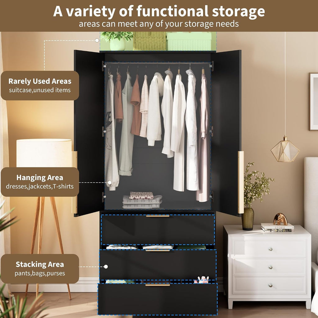 Garvee 70" Wardrobe Armoire Wooden Closet with 2 Doors and 3 Drawers, Black