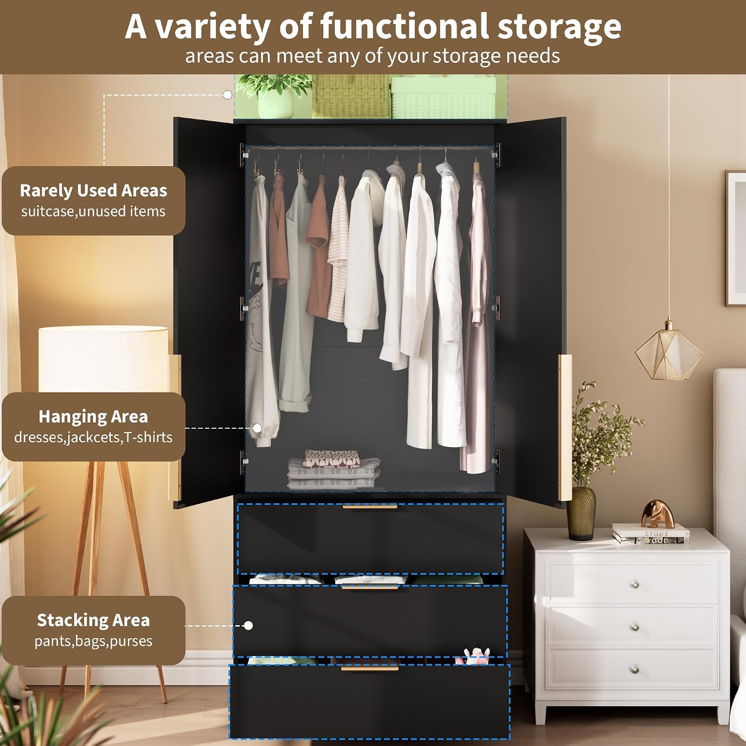 Garvee 70" Wardrobe Armoire Wooden Closet with 2 Doors and 3 Drawers, Black