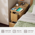 win2win Narrow End Table with Charging Station, Fluted Side Table with Faux Marble Top, Skinny Modern Boho Nightstand, Small Bedside Table with Drawers & Storage for Living Room, Bedroom, Oak