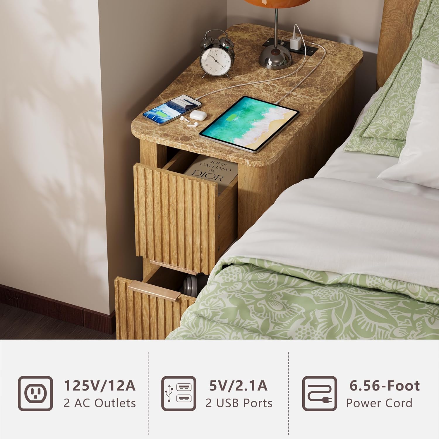 win2win Narrow End Table with Charging Station, Fluted Side Table with Faux Marble Top, Skinny Modern Boho Nightstand, Small Bedside Table with Drawers & Storage for Living Room, Bedroom, Oak