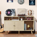 RARZOE Large Record Player Stand, Mid Century Turntable Stand Table Holds Up to 400 Albums, Vinyl Record Storage Cabinet with Sliding Doors for Living Room Office, Natural