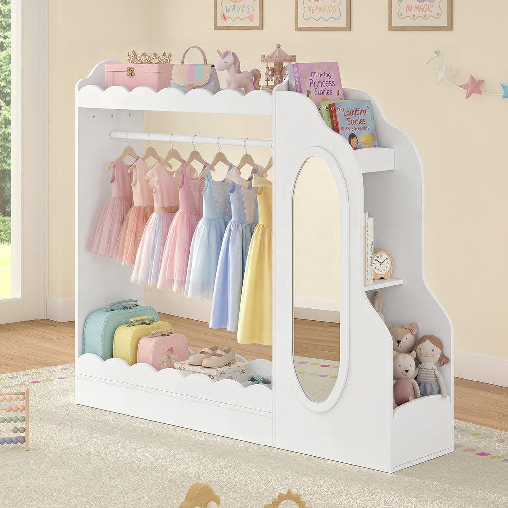 Curipeer Kids Dress Up Storage with Mirror, Bookshelf & Toy Storage, Scalloped Design Princess Closet for Little Girls, Kids Dress Up Rack, Open Hanging Armoire Wardrobe for Bedroom, Playroom, White