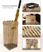 AceList Woven Umbrella Stand for Entryway, PE Rattan with Drip Tray | Scalloped cane holder for umbrellas, walking sticks & wrapping paper, farmhouse porch decor, removable base, sturdy 16.5 inch