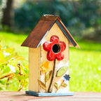 Glitzhome Bird House for Outdoor Hanging, 10.2" H Garden Decorative Birdhouse Pet Cottage Distressed Wooden Bird House for Outside, Bird Nest Box for Bluebird Wren Chickadee Sparrow, Flower White