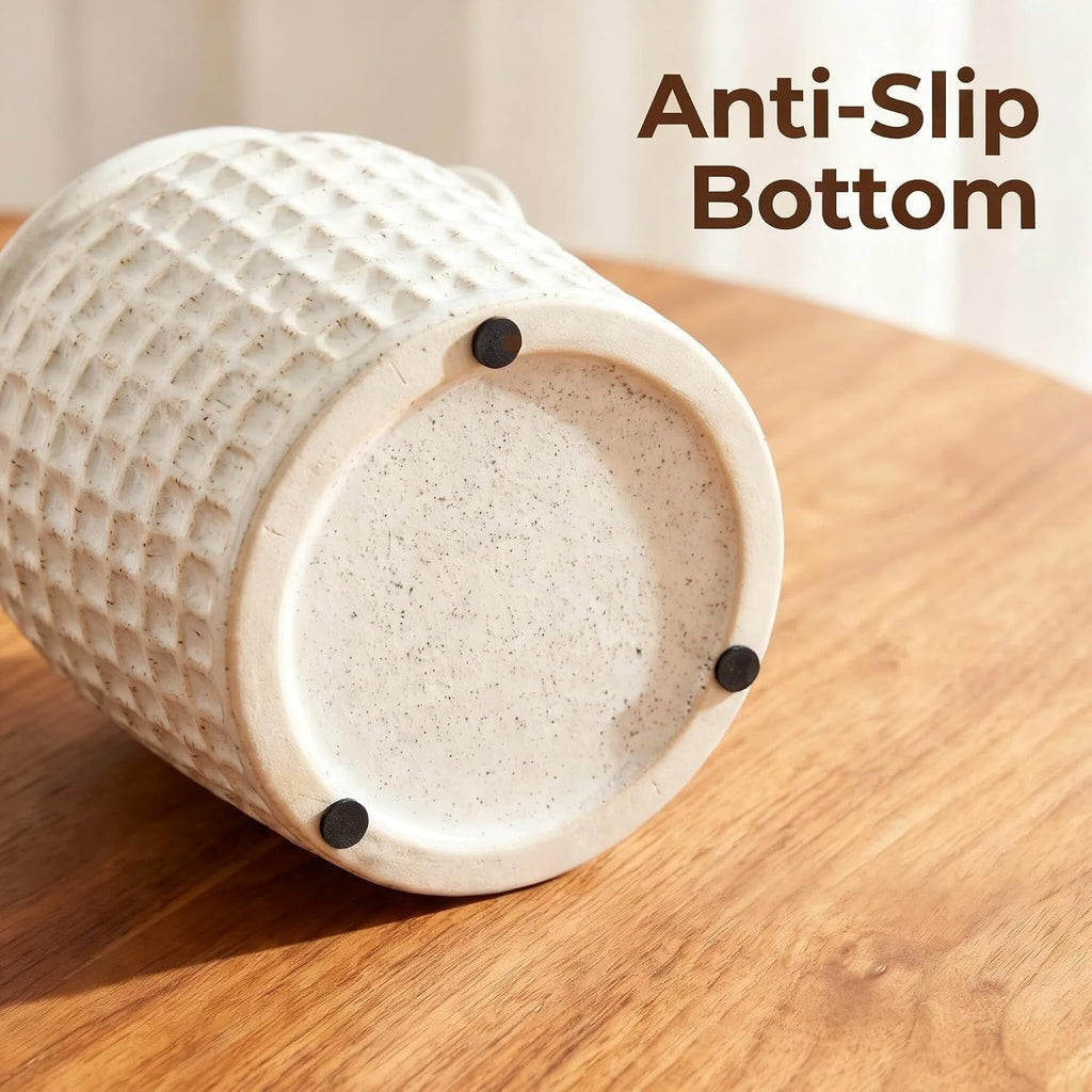 White Ceramic Vase with Handles | Farmhouse Boho Style, Textured Waffle Weave, Table Decor, For Pampas Grass