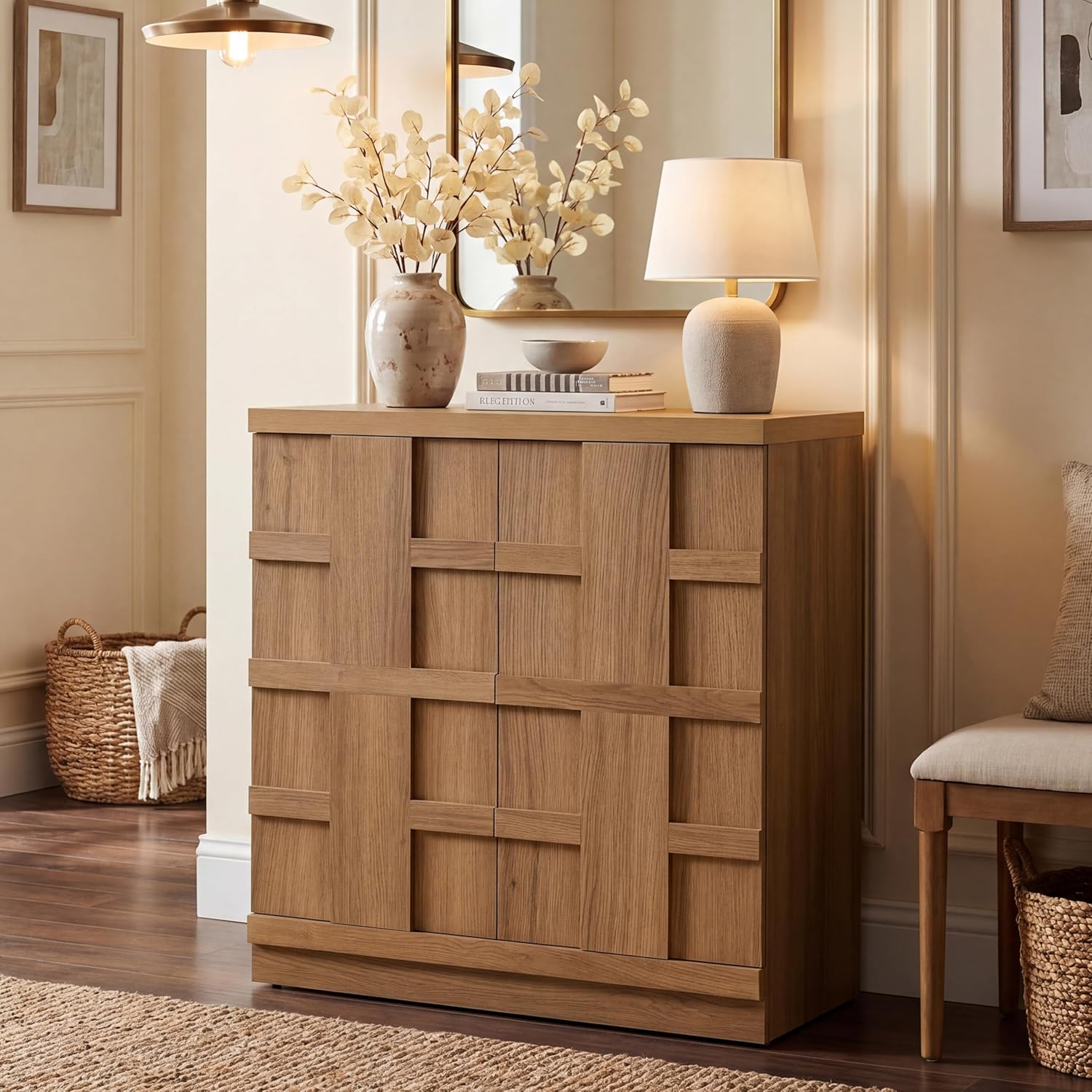 VividVibe Buffet Cabinet Sideboard with Storage, 93.9”Large 3D Woven Texture Credenza with 6 Pop-up Doors, Long Coffee Bar Cabinet Mid Century Modern for Entryway Living Room Brown Oak
