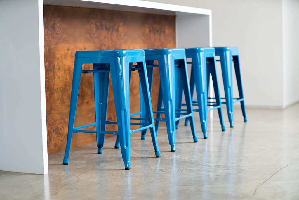 24 Inches Metal Barstool Set of 4 – Counter Height Backless Bar Stool for Kitchen Island, Breakfast, Outdoors, Pub, Restaurant, Home, Patio – Stackable Heavy Duty Modern & Industrial (Blue)