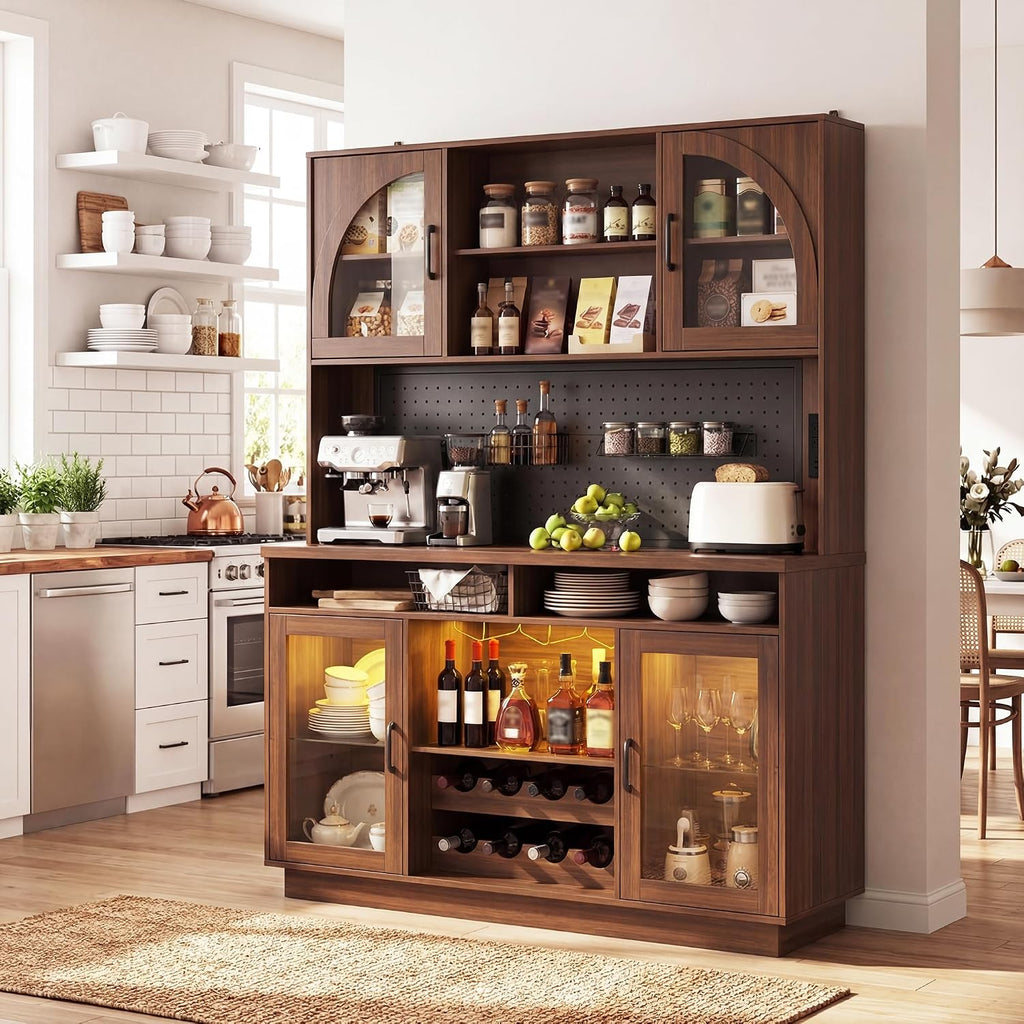 Kitchen Pantry Storage Cabinet, 71" Tall Kitchen Cabinets with Countertop & Shelves, Coffee Bar Cabinet with Charging Station/LED Light, Pantry Cabinets for Kitchen Storage,Walnut