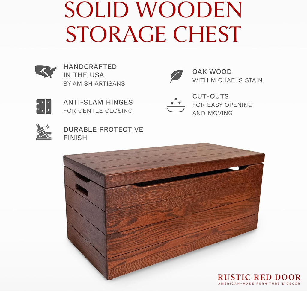 Amish Made Wooden Storage Chest Trunk Box with Lid and Handles for Bedroom, Blanket, Clothes, Anti-Slam Hinges, Handmade, Rustic, Oak Wood, Michaels Stain, 36"