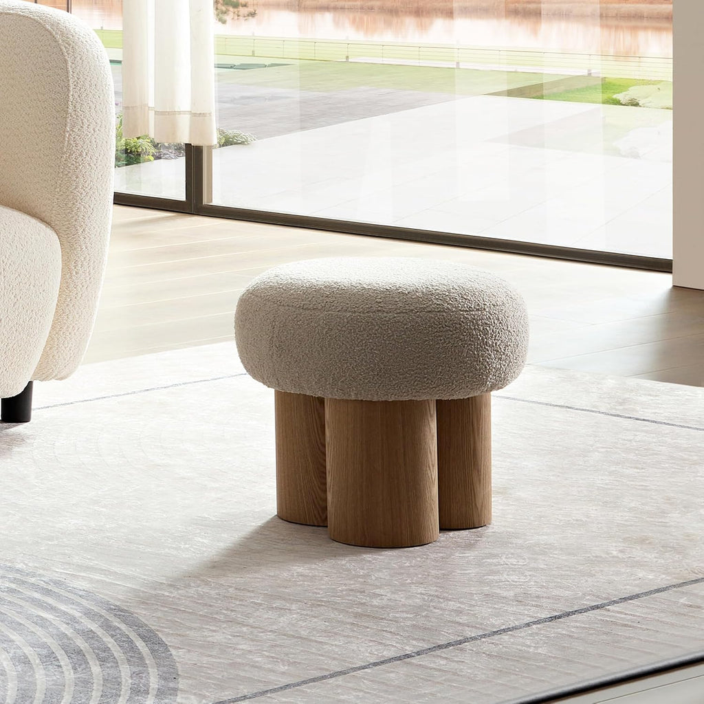 Polay Ottoman Pouf Seat Mushroom Stool Foot Rest with Plush Cushion, Wooden Barrel PVC Pipe Foot Stool for Sofa, Cute Ottoman Chair for Kids, Walnut Finish,A3