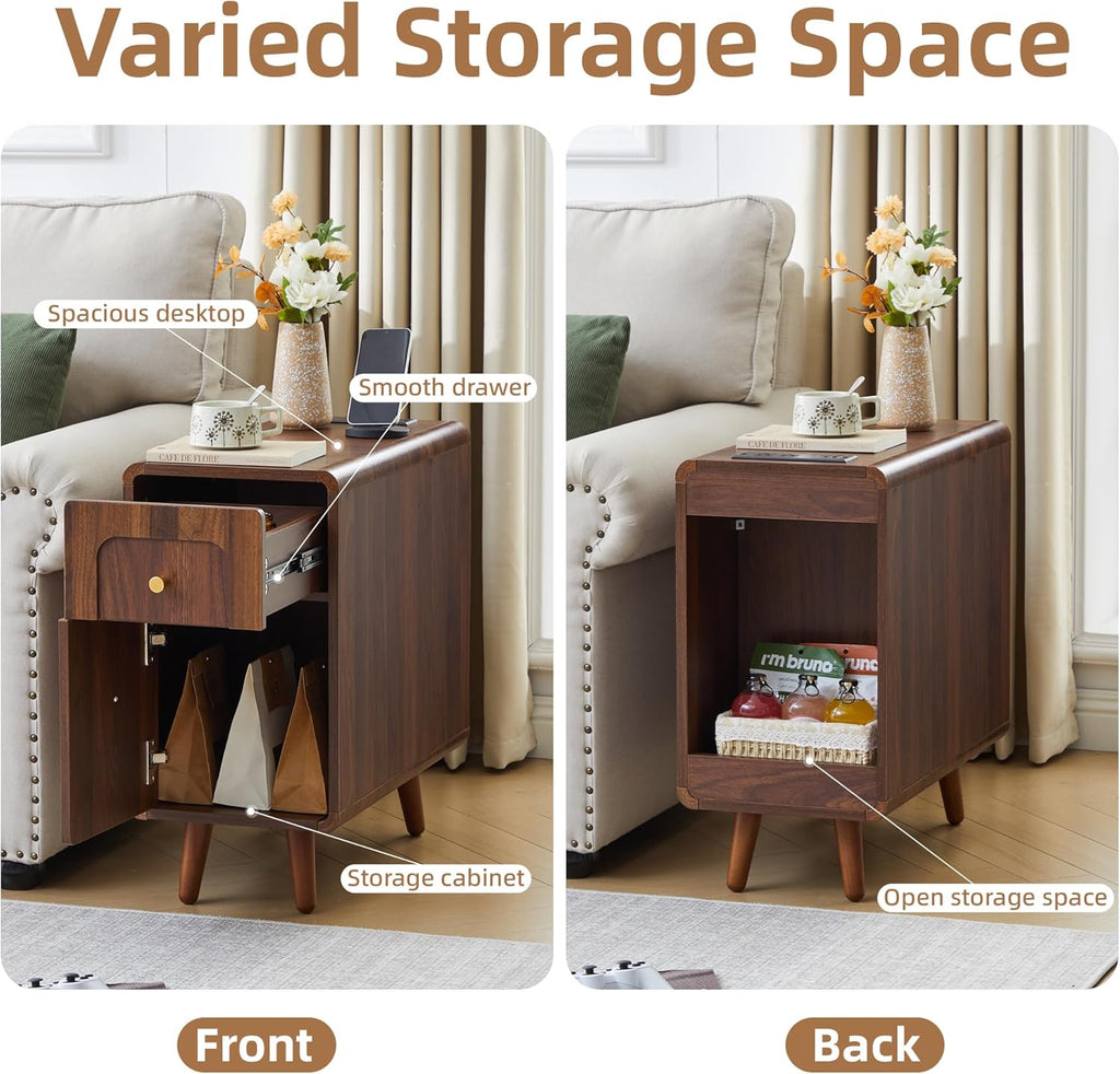 Narrow Side Table, Wood Night Stand with Charging Station, Farmhouse Sofa End Table with Drawer & Storage Cabinet, Slim Nightstand for Small Spaces Living Room Bedroom Office