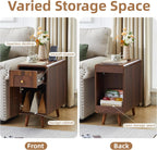 Narrow Side Table, Wood Night Stand with Charging Station, Farmhouse Sofa End Table with Drawer & Storage Cabinet, Slim Nightstand for Small Spaces Living Room Bedroom Office