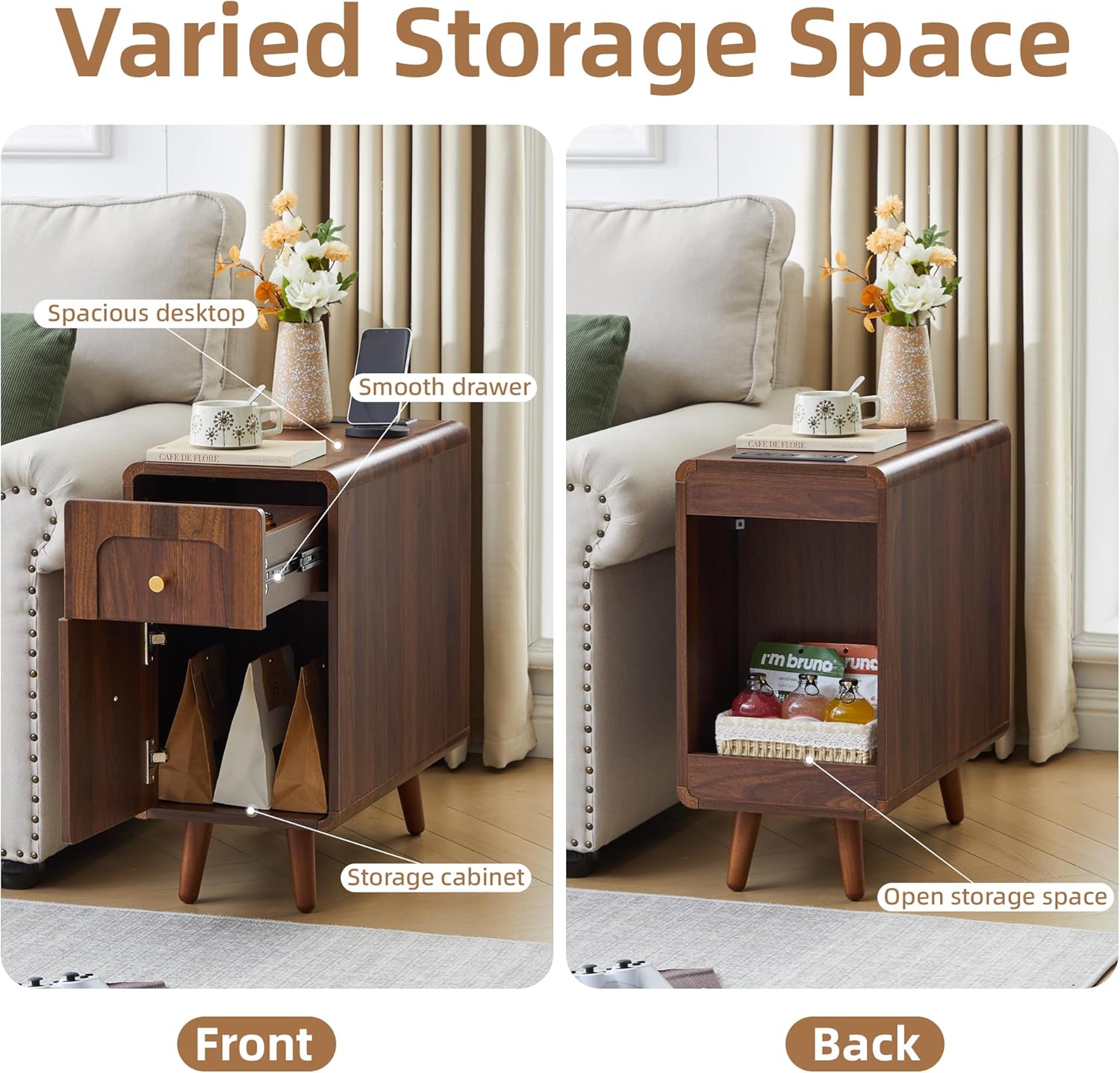Narrow Side Table, Wood Night Stand with Charging Station, Farmhouse Sofa End Table with Drawer & Storage Cabinet, Slim Nightstand for Small Spaces Living Room Bedroom Office