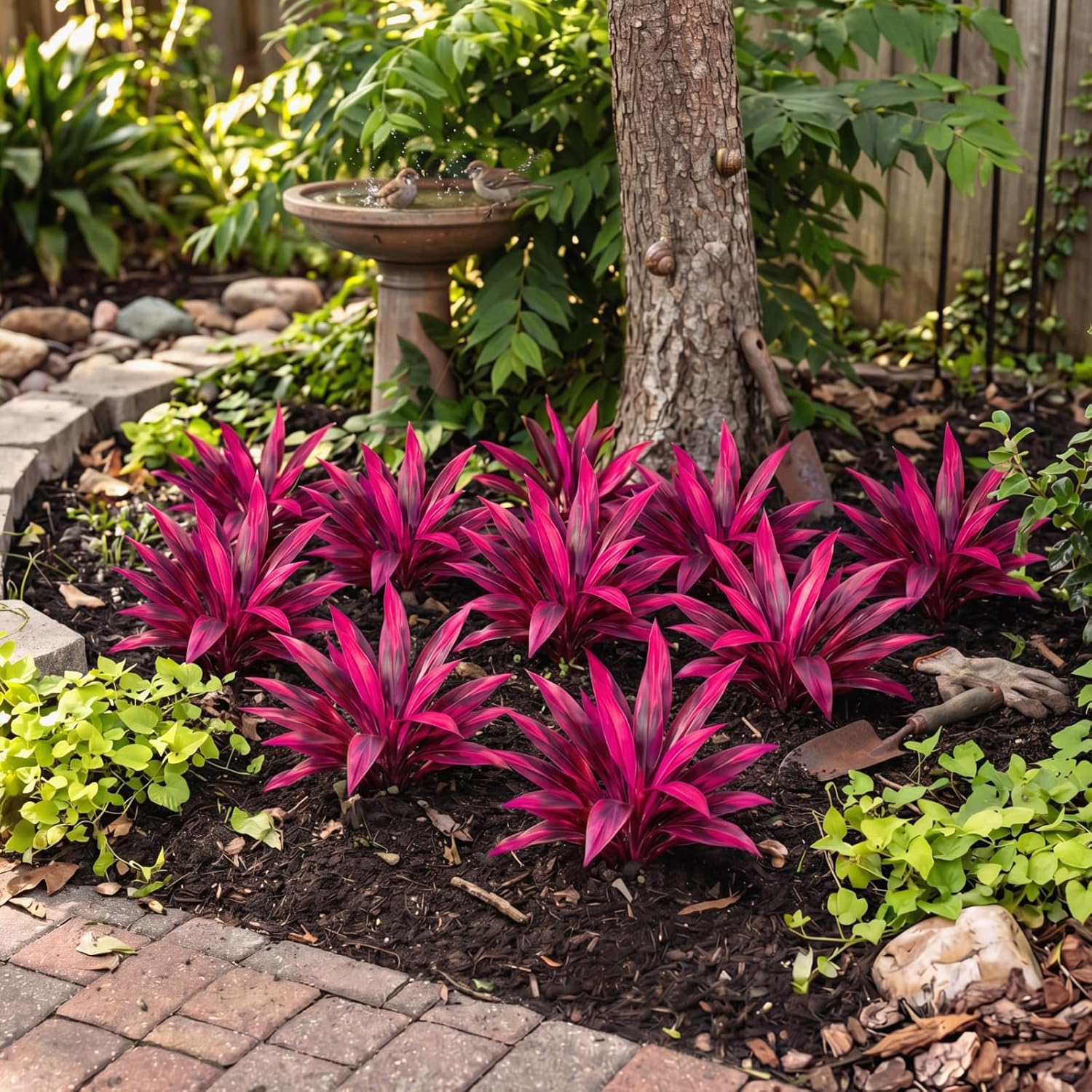 Waydress 6 Pcs Artificial Tropical Plants Faux Cordyline Fruticosa Logs Fake Boston Ferns UV Resistant Artificial Outdoor Greenery Pink Purple for Garden Patio Balcony Porch Yard Home Decor