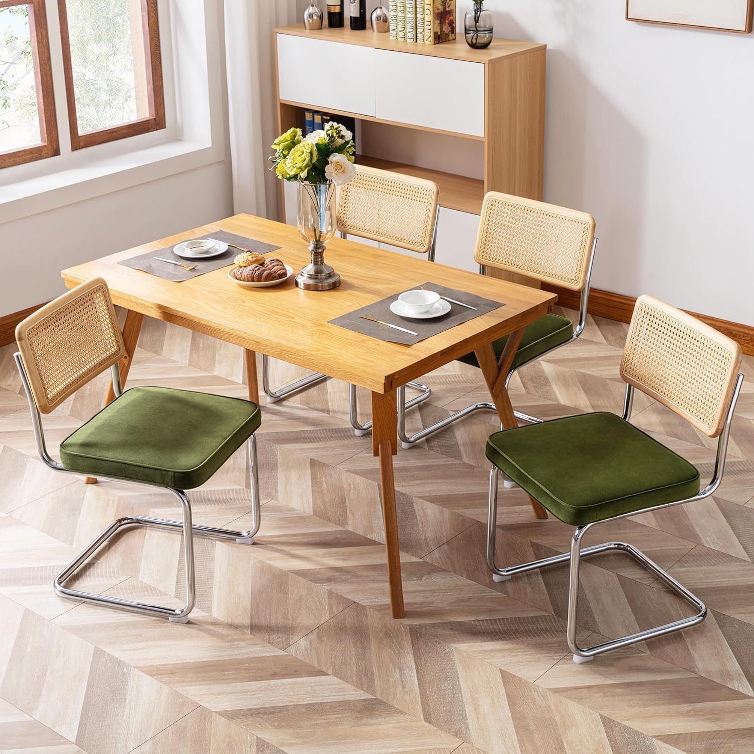 Zesthouse Mid Century Modern Dining Chairs Set of 4, Natural Rattan Dining Chairs with Solid Wood Back & Chrome Base, Upholstered Velvet Fabric, Green