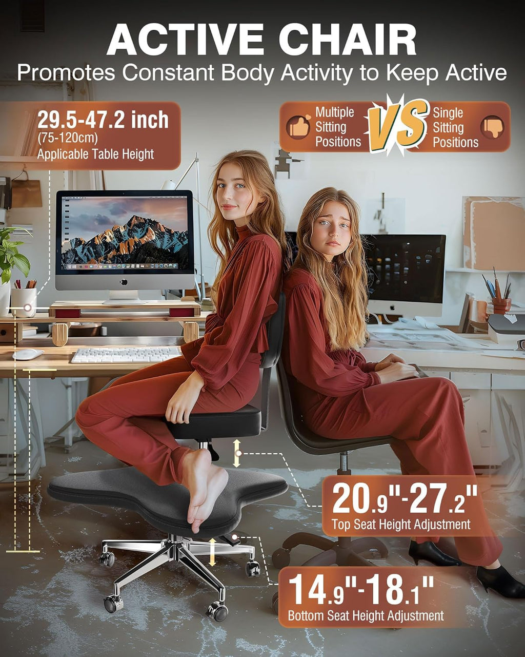 PYY ADHD Chairs for Adults - Meditation Cross Legged Office Chair with Wheels, Ergonomic Fidget Squatting Kneeling Chair with Lumbar Back Support Adjustable Height for Home Office