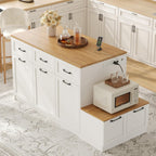 70.8" Farmhouse Kitchen Island with Charging Station, 3 Drawers & Cabinets, Large Small Combo Buffet Table with Adjustable Shelves, Butcher Block Countertop, Kitchen Dining Room, White