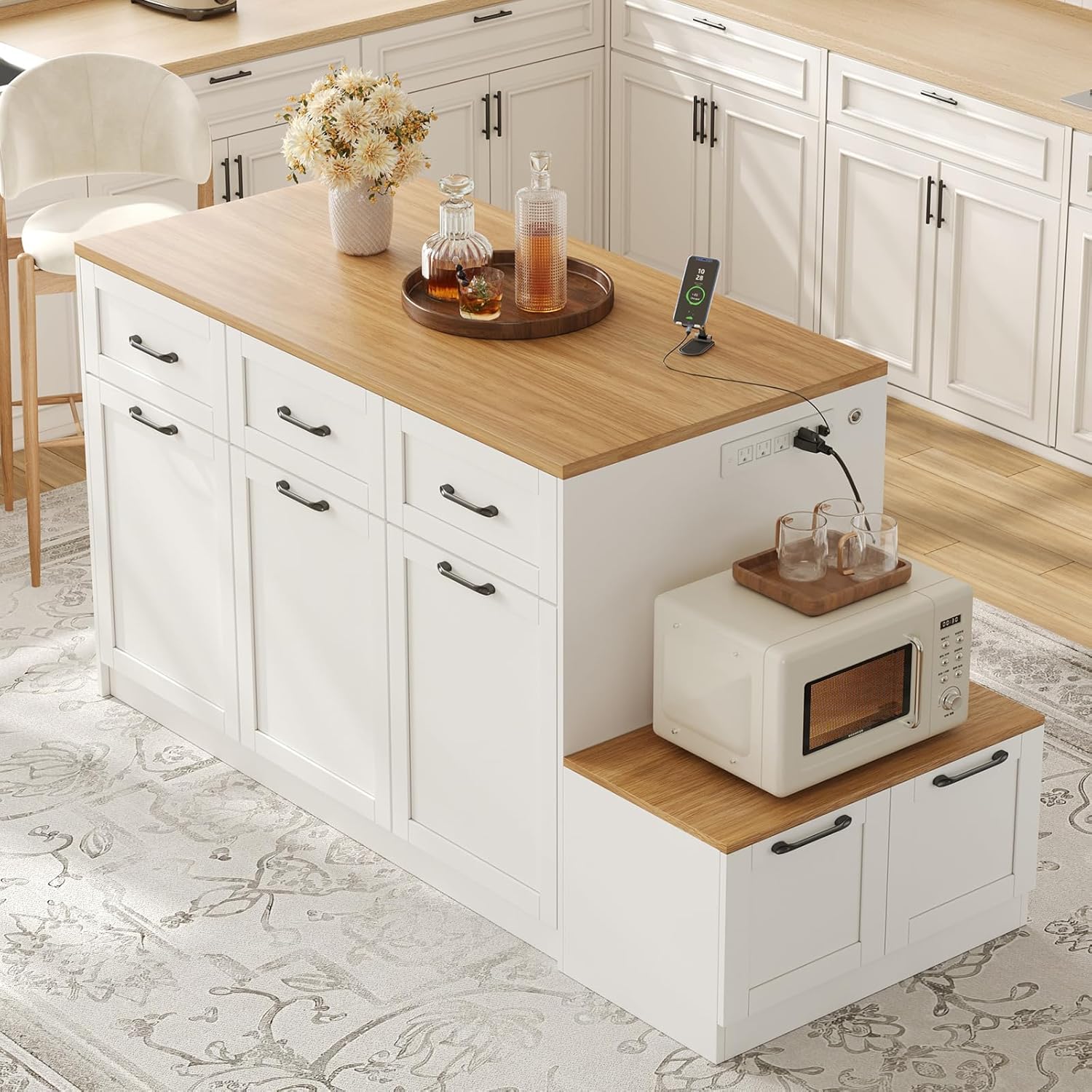 70.8" Farmhouse Kitchen Island with Charging Station, 3 Drawers & Cabinets, Large Small Combo Buffet Table with Adjustable Shelves, Butcher Block Countertop, Kitchen Dining Room, White
