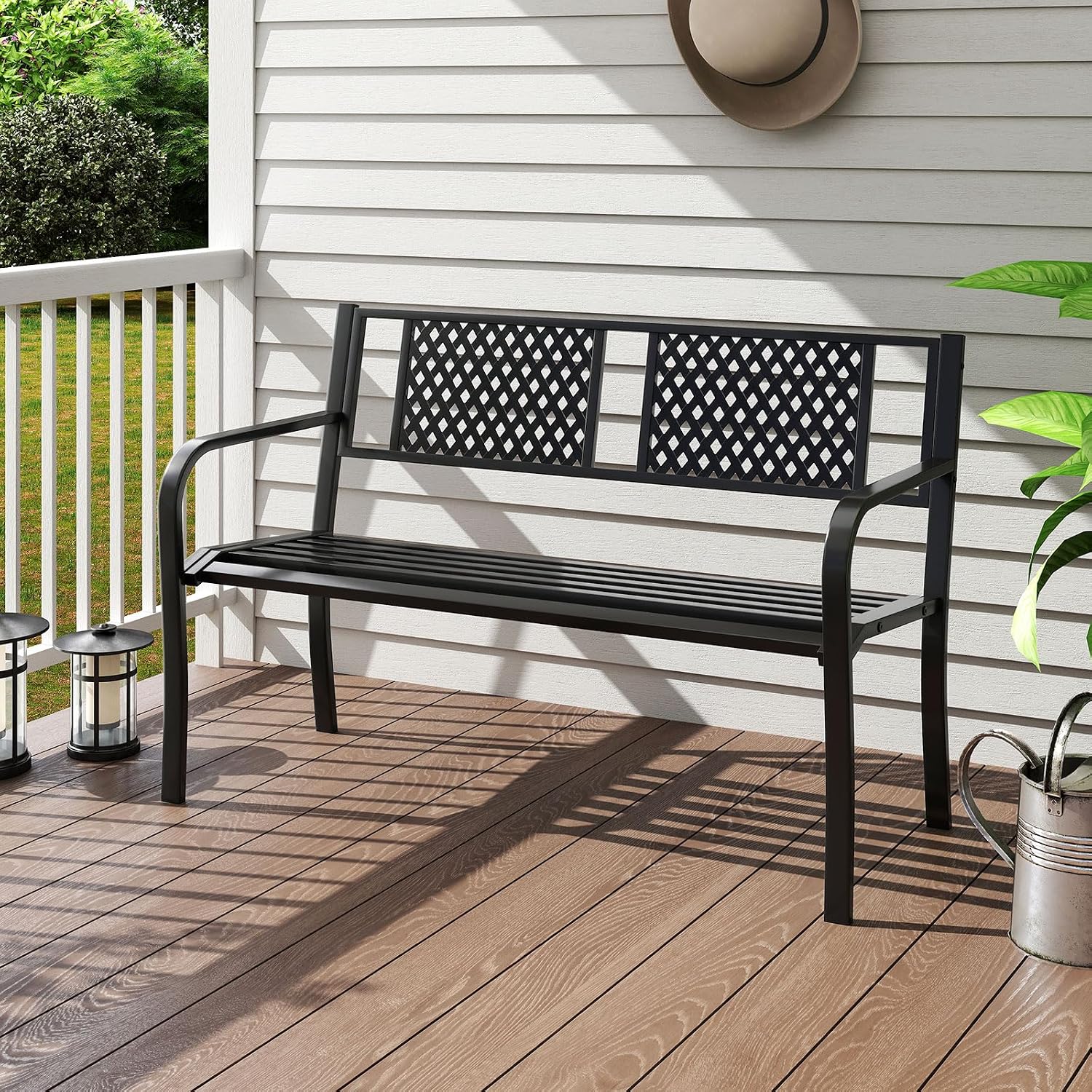 Giantex Metal Outdoor Bench with Mesh Pattern Backrest, Curved Armrests, 660Lbs Capacity, Slatted Seat for 2-3 Persons, Patio Bench for Yard, Poolside, Porch, Park, Garden (50"×23"×32",Black)