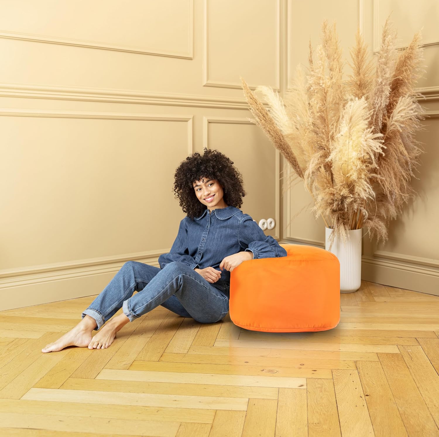 Gouchee Home Dotcom Soleil Bean Bag Round Pouf Ottoman, Orange - Waterproof, Fade-Resistant Ottoman Foot Rest for Outdoor Chair Filled with High-Density Polystyrene Beads, 20" D x 12" H