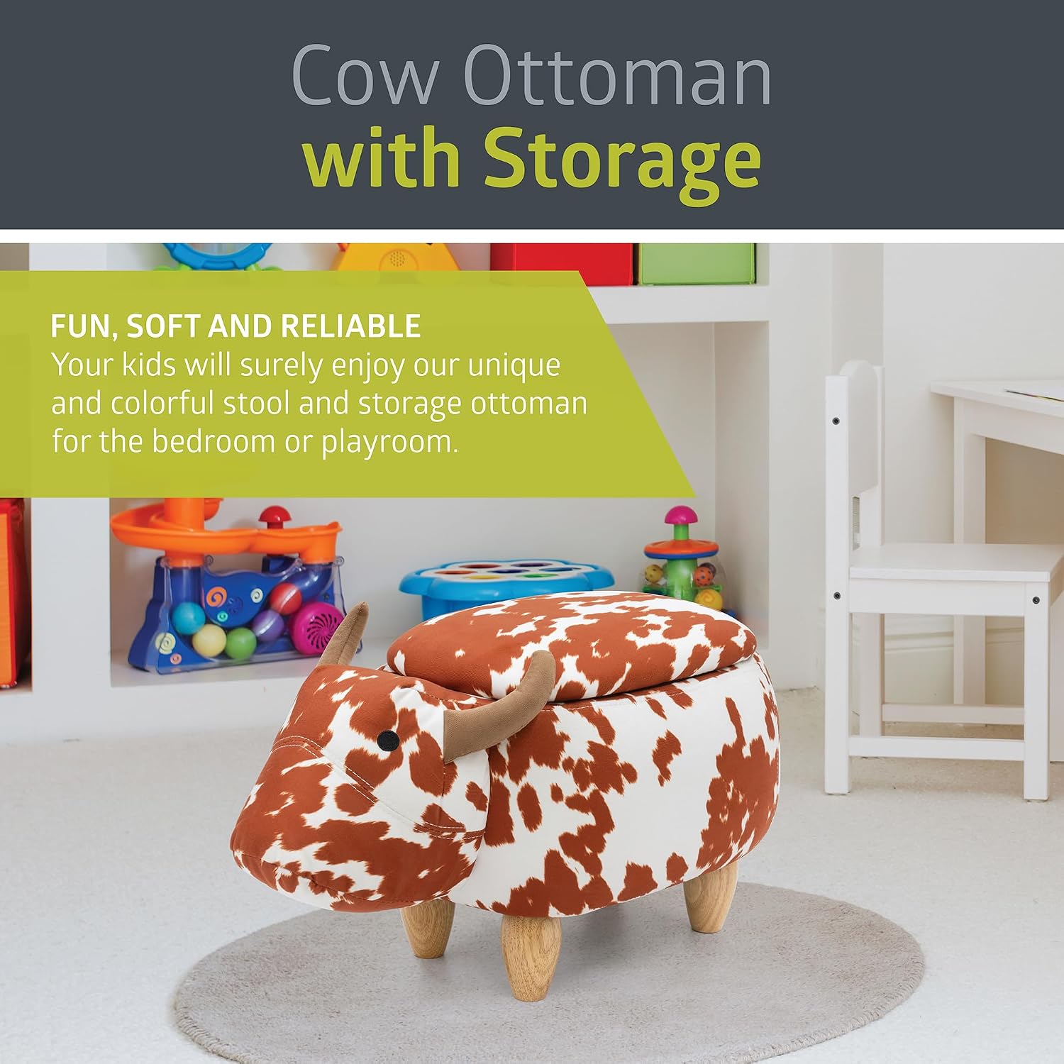 Pearington Cow Ottoman with Storage, Furniture for Living Room, Gameroom, Playroom, Bedroom Décor, Soft Animal-Shaped, Brown/White