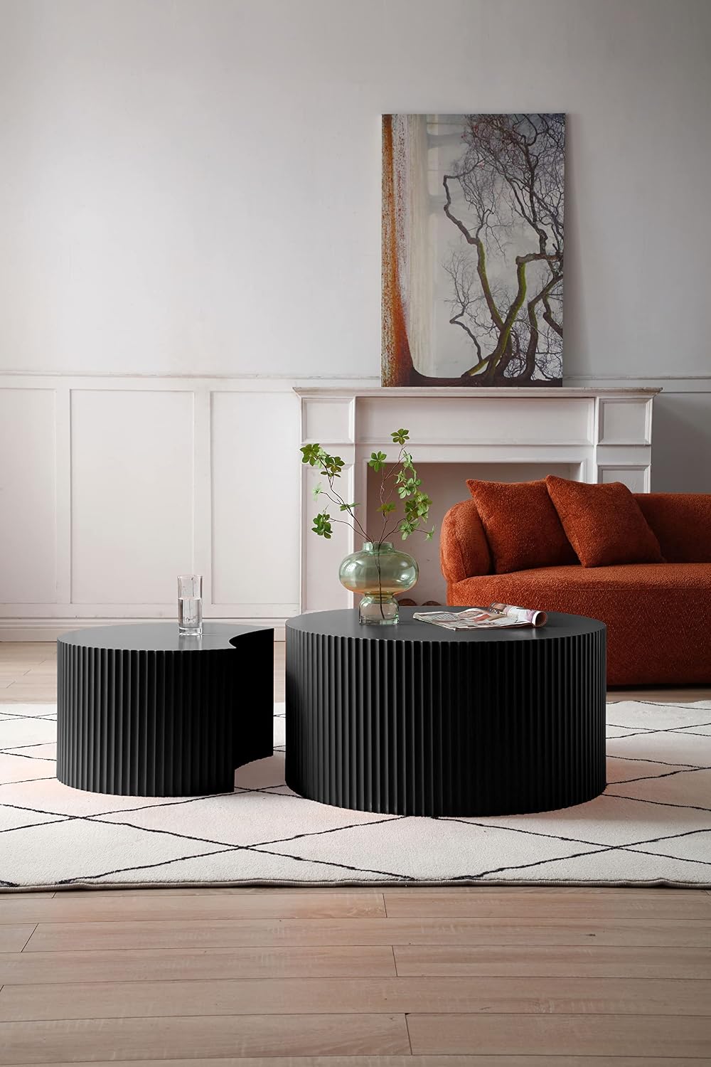 Black Nesting Table Set of 2 Round and Half Moon Shapes,No Need Assembly