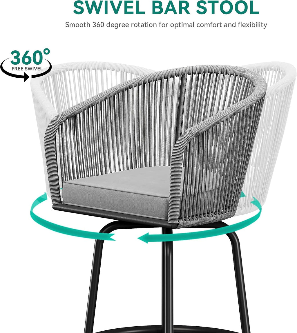 YITAHOME 27" Bar Stools Set of 6 with Arms & Cushions, 360° Swivel Outdoor Bar Stools, All Weather Counter Height Bar Stools Set of 6 with Curved Back for Backyard, Kitchen Island, Dining Room, Gray