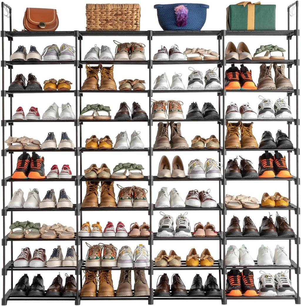 10 Tiers Metal Shoe Rack Organizer, 80 Pairs Large Capacity Shoe Storage Shelf with Side Hooks Adjustable PP Shelves Tool-Free Assembly Black Shoe Stand for Entryway Closet Garage Dorm