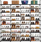 10 Tiers Metal Shoe Rack Organizer, 80 Pairs Large Capacity Shoe Storage Shelf with Side Hooks Adjustable PP Shelves Tool-Free Assembly Black Shoe Stand for Entryway Closet Garage Dorm