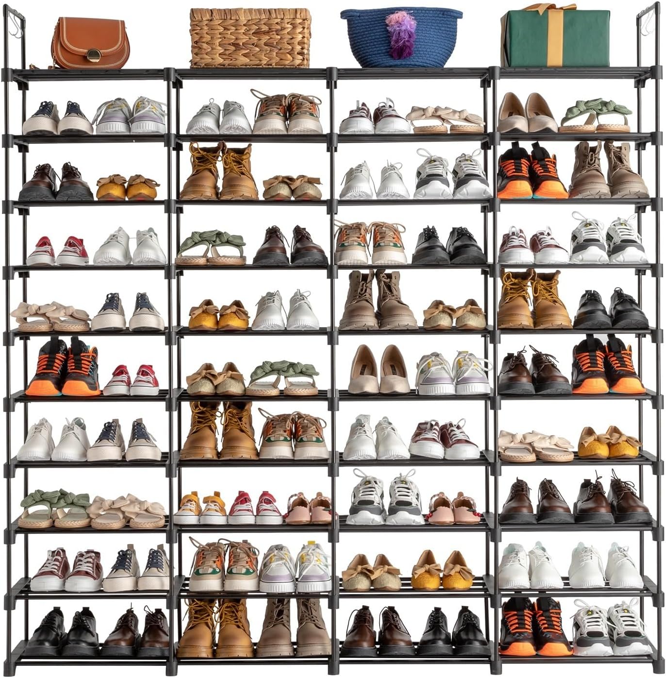 10 Tiers Metal Shoe Rack Organizer, 80 Pairs Large Capacity Shoe Storage Shelf with Side Hooks Adjustable PP Shelves Tool-Free Assembly Black Shoe Stand for Entryway Closet Garage Dorm