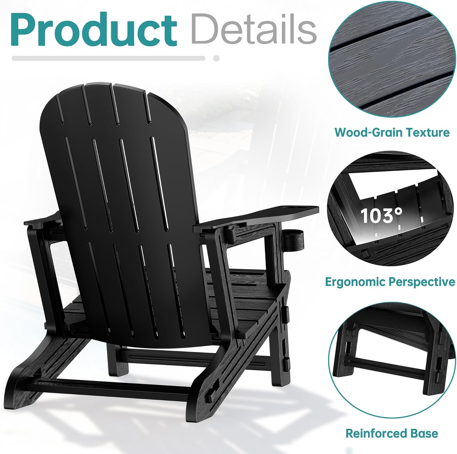 Shintenchi Adirondack Chairs Set of 2,HDPE Adirondack Chairs w/Removable Tablelop & Umbrella Hole,All-Weather Wooden Textured Plastic Outdoor Chairs w/Cup Holders for Garden Backyard Pool,Black