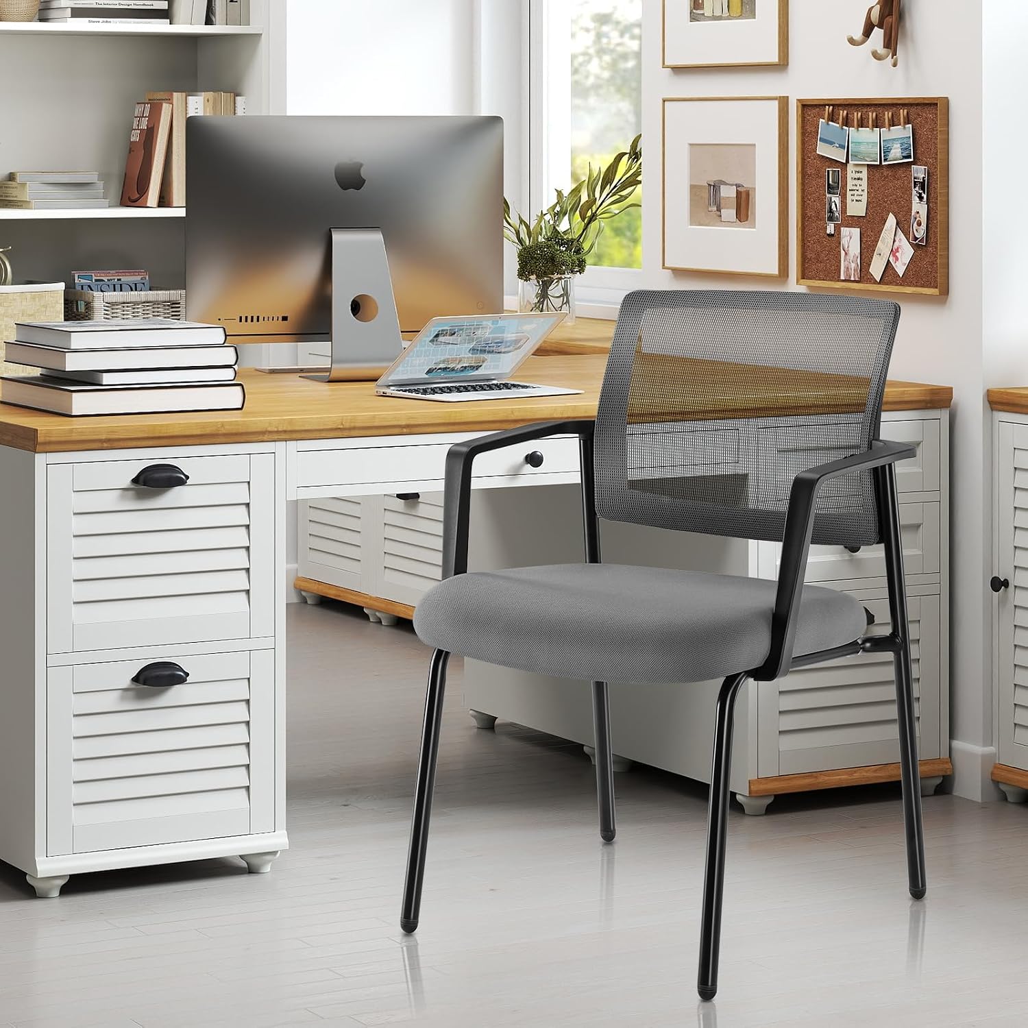 DUMOS Stackable Arm Reception Chairs with Mesh Back and Upholstered Fabric Cushion, Sturdy Metal Frame, Easy to Store and Use, Perfect for Indoor and Outdoor Spaces, 1 Chair, Grey