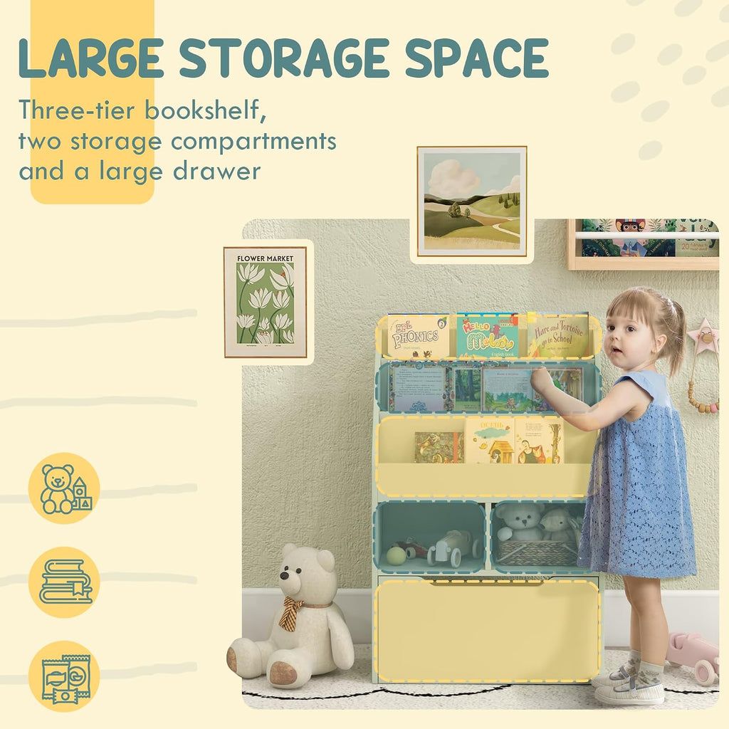 Bookcase Multi Shelf Rack Organizer with Storage Drawer for Books, Playroom, Pale Green