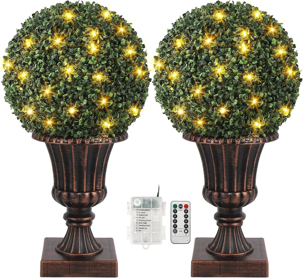OUTLANE 25" Pre-Lit Topiary Trees Outdoor 2 Pack, 16" Faux Boxwood Ball with Lights, Fake Topiary Trees for Outdoors in Vintage Copper Urn Planter, Front Porch Decor Outdoor & Patio Plants
