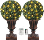 OUTLANE 25" Pre-Lit Topiary Trees Outdoor 2 Pack, 16" Faux Boxwood Ball with Lights, Fake Topiary Trees for Outdoors in Vintage Copper Urn Planter, Front Porch Decor Outdoor & Patio Plants