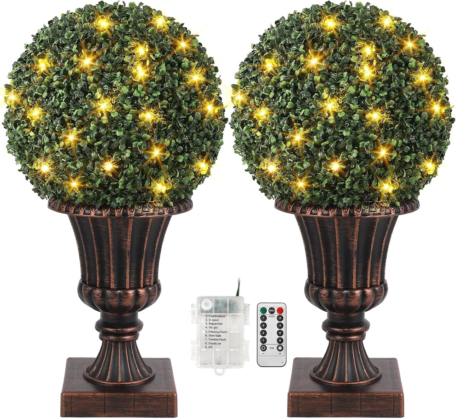 OUTLANE 25" Pre-Lit Topiary Trees Outdoor 2 Pack, 16" Faux Boxwood Ball with Lights, Fake Topiary Trees for Outdoors in Vintage Copper Urn Planter, Front Porch Decor Outdoor & Patio Plants