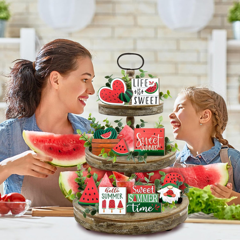 Summer Tiered Tray Decor, Farmhouse Watermelon Tray Decorations, Hello Summer Sweet Watermelon Gnome Wooden Signs, Rustic Summer Home Decor for Table Mantel Office Holiday Party