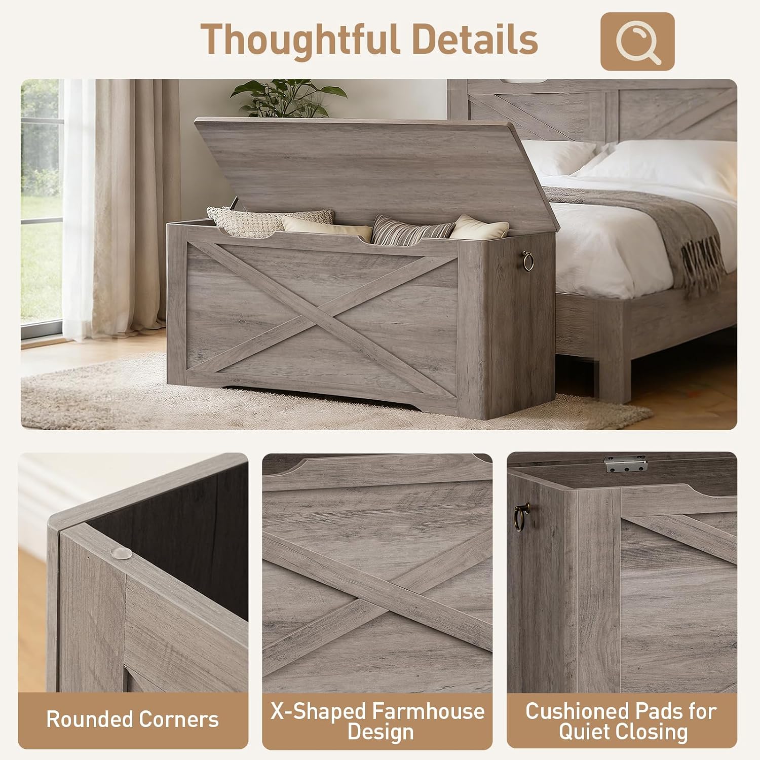 RALGEND Toy Chest, 39.3" Farmhouse Storage Chest with Metal Hinge and Pull Handles, Wooden Storage Bench, Toy Box for Living Room, Bedroom, Entrance, Greige
