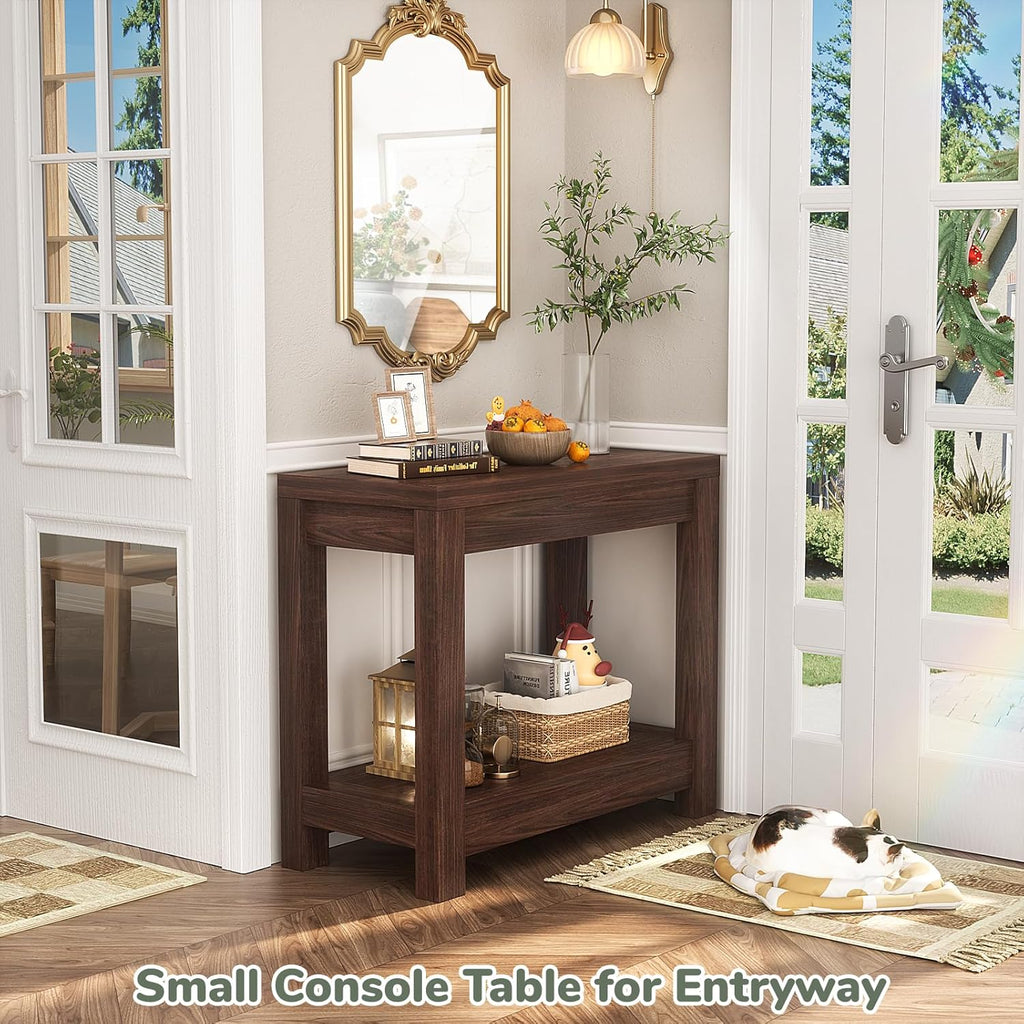 Besiost Farmhouse End Table, Narrow Side Table, Slim End Table with Storage Shelf, Small Console Table for Small Spaces, Rustic Nightstand Sofa Table for Living Room, Bedroom, 24" Black Walnut