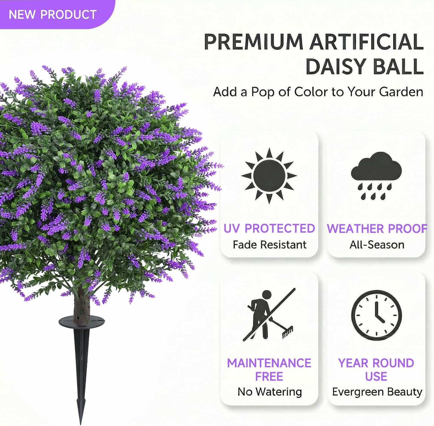 Dense Foliage Artificial Lavender Topiary Ball Trees 24 Inch, 2 Pack UV Resistant Fake Plants Outdoor, Faux Bushes with Ground Spike for Garden, Patio, Porch, Yard Decor