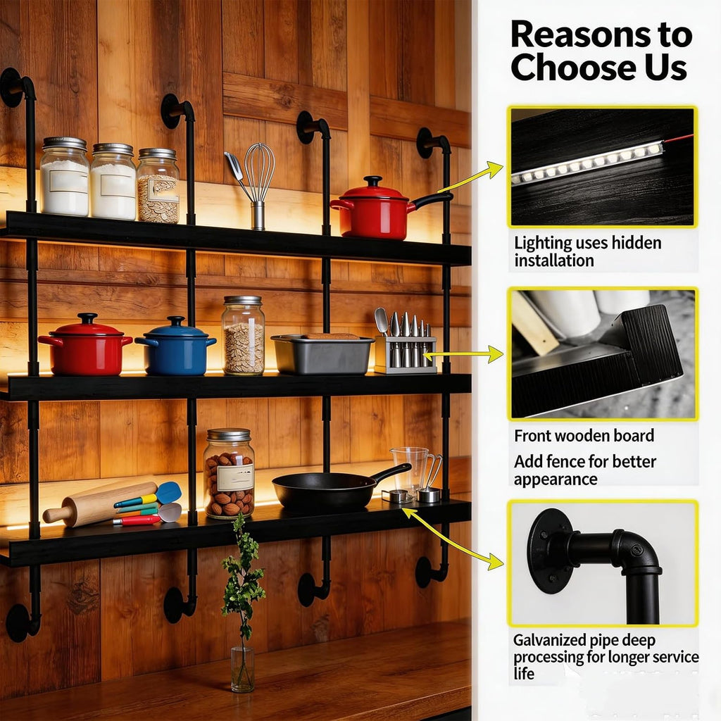89cm/35in Wall Mounted Wine Rack with LED Light - 3-Tier Solid Wood Industrial Rustic Floating Shelves, Bottle Storage Organizer for Kitchen, Bar, Pub, Cellar, Home Bar (Black, 89cm/35in)