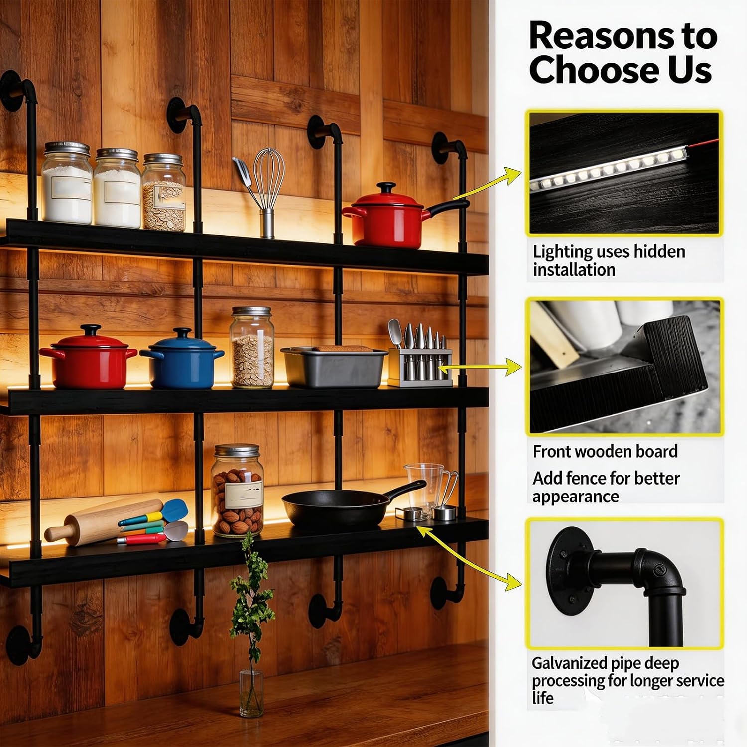 89cm/35in Wall Mounted Wine Rack with LED Light - 3-Tier Solid Wood Industrial Rustic Floating Shelves, Bottle Storage Organizer for Kitchen, Bar, Pub, Cellar, Home Bar (Black, 89cm/35in)