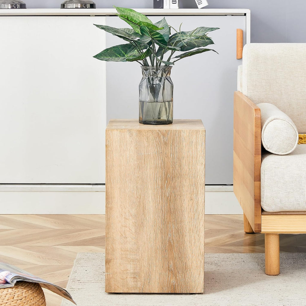 Natural Wood Marble Texture Side Table, MDF End Table, 11.8 x 11.8 x 19.6 Inch, Rectangular Living Room Accent
