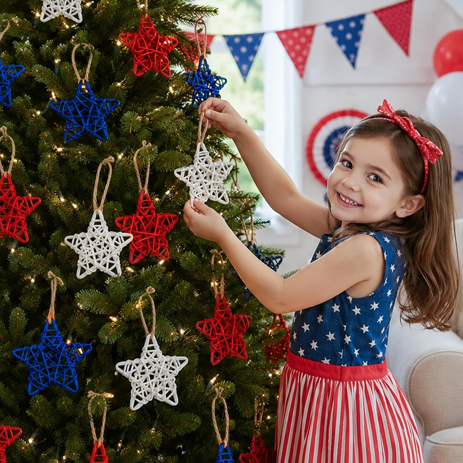 MEMOVAN 4th of July Patriotic Star Rattan Decoration 18Pcs Red Blue White Stars Patriotic Wicker Ornament Patriotic Star Vase Fillers for 4th of July Independence Day Craft DIY Bowl Filler Table Decor