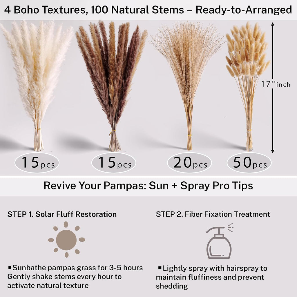 Pampas Grass with Vase Set – 3 Beige White Ceramic Vases with Natural Dried Pampas, Bunny Tails & More – Neutral Farmhouse Decor for Fireplace, Home, Mantel, Entryway, Kitchen & Boho Table Centerpiece