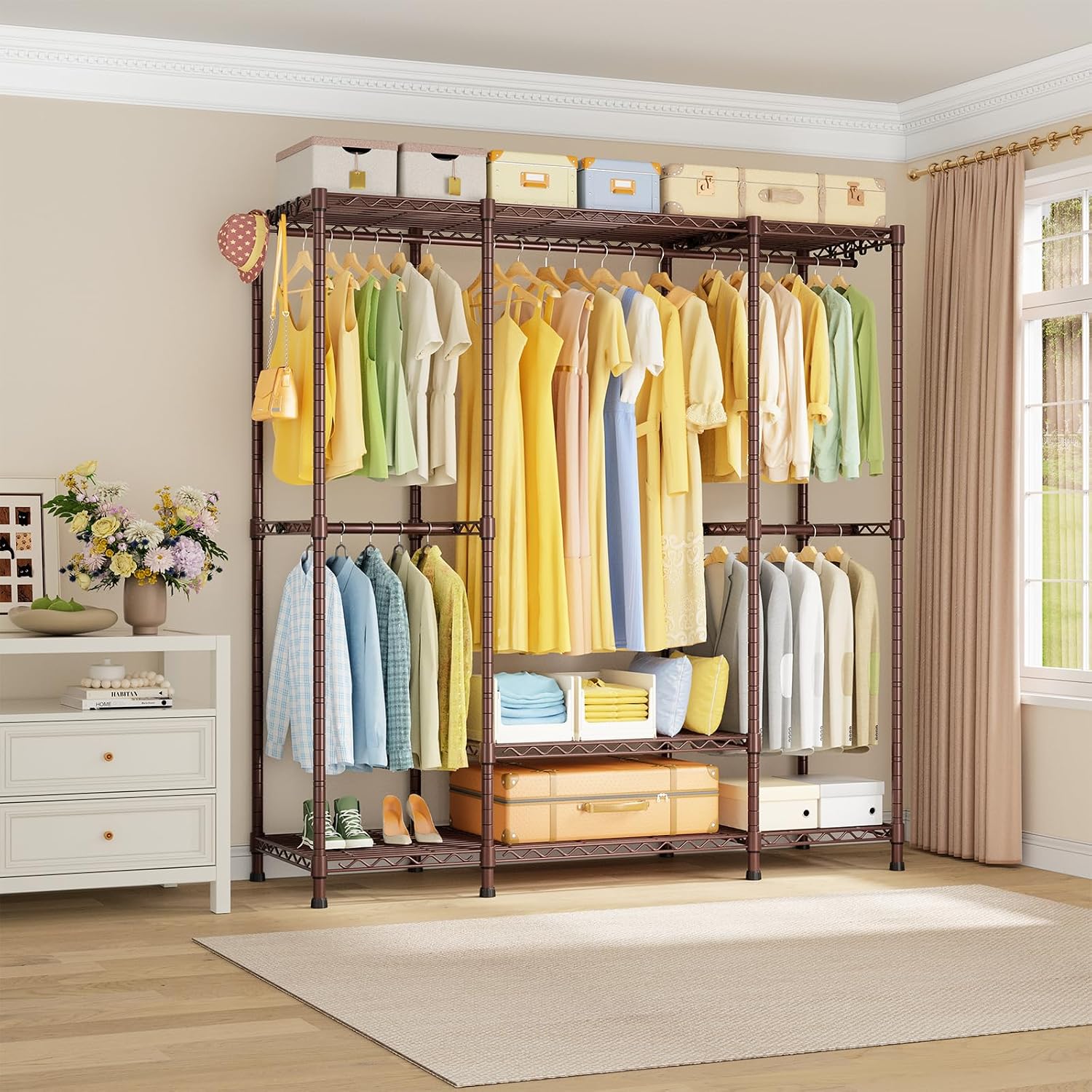 Ulif E3 Heavy Duty Garment Rack, 4 Tiers Freestanding Closet Organizer System with 5 Shelves, Metal Closet Organizer and Storage System for Clothes, Max Load 850lbs, 58.4"W x 15.7"D x 77.3"H, Bronze