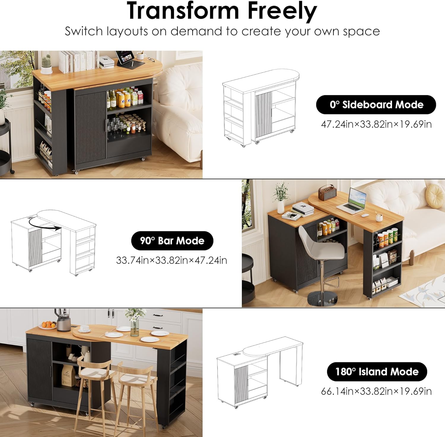 66'' Rolling Kitchen Island with 360° Swivel Tabletop Mobile Kitchen Island with Power Outlet Rotating Kitchen Islands with Storage Cabinets Wood Kitchen Island Table for Kitchen, Bar, Dining Room